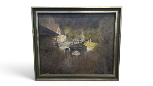 BENTLEY: An original oil on canvas painting by Sammy Davis of the famous White House Corner accident at the 1927 Le Mans 24-Hour race by Bentley driver & 'Bentley Boy' , signed S.C.H Davis lower left, 49cm high, 60cm wide