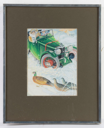 MG: A print featuring c1930s MG driving in snow alongside pheasants by Scottish artist Robin Lawrie, image 22cm high, 17cm wide