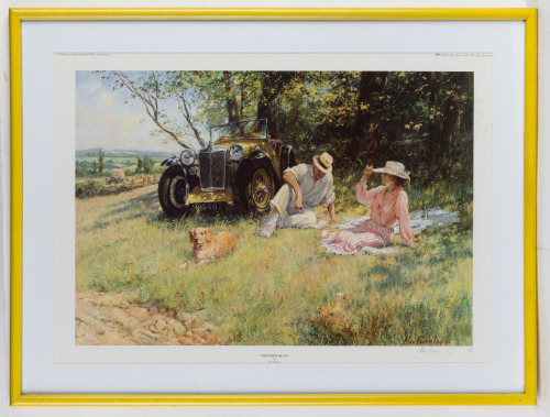 MG: A print titled 'The Four of Us' featuring MG Magna in a picnic setting by artist Alan Fearnley, signed by the artist in pencil, limited edition (404/850), 42cm high, 60cm wide (visible)