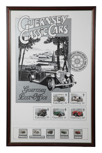 GUERNSEY: A print featuring a stamp set with illustrations of Guernsey classic cars issued by the Guernsey Post Office, 69cm high, 44cm wide