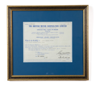 B.M.C: A British Motor Corporation stock bond certificate, dated 1964, mounted, framed & glazed, frame 37cm high, 40cm wide [Location: Melbourne] - 2
