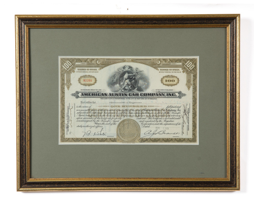 AUSTIN: An American Austin Car Company stock bond certificate, dated 1931, mounted, framed & glazed, frame 34cm high, 43cm wide