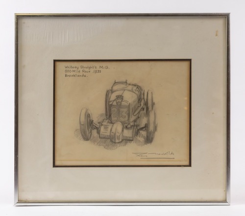BROOKLANDS: A pencil sketch by Roy Nockolds depicting Whitney Straight's MG K3 Magnette Racing Car #23 at the Brooklands 500 Mile Race 1933, signed, framed [Location: Perth]