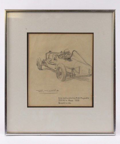 BROOKLANDS: A pencil sketch by Roy Nockolds depicting Edward Ramsden Hall's winning MG Magnette Racing Car #22 at the Brooklands 500 Mile Race, 1933, signed, framed [Location: Perth]