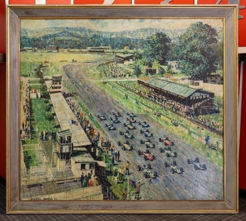 Dexter Brown (British, 1942- ) A large original oil on board painting of the starting grid of the inaugural 1964 News of the World Trophy, 30 March 1964 [Location: Perth]