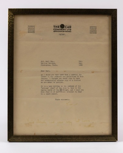 MG: A 1932 letter from the MG car company addressed to Edward Ramsden "Eddie" Hall from Cecil Kimber, framed [Location: Perth]