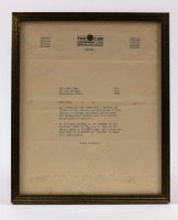 MG: A 1932 letter from the MG car company addressed to Edward Ramsden "Eddie" Hall from Cecil Kimber, framed, 30cm high, 24cm wide [Location: Perth]