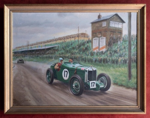 TONY SMITH: An oil on board painting depicting the MG K3 Magnette #17 of Tazio Nuvolari believed to be at the 1933 Ulster Tourist Trophy, signed 'Tony Smith 80', framed [Location: Perth]