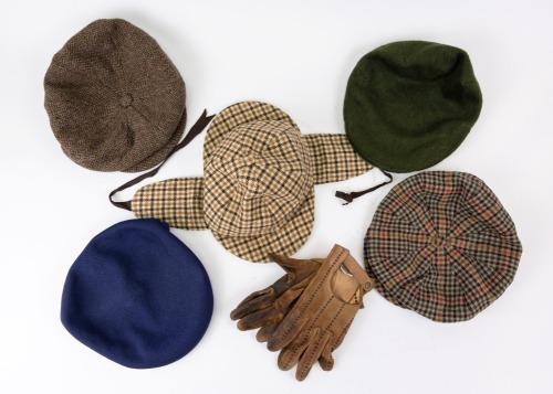 CLOTHING: Five items of headwear including four baker-boy/beret style hats and one deerstalker style hat along with a pair of leather gloves [Location: Perth]