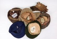 CLOTHING: Five items of headwear including four baker-boy/beret style hats and one deerstalker style hat along with a pair of leather gloves [Location: Perth] Sizing Added - 2
