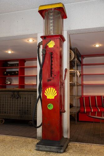 SHELL: A large 6-gallon 1920s/1930s gravity feed petrol bowser with glass bowl [Location: City Beach - Perth]