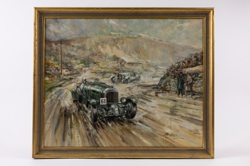 PAT NEVIN: 'Ulster T.T. 1929', oil on board, signed, depicting the Bentley Blower #63 of Sir Henry Tim Birkin and the eventual winner the Mercedes-Benz SS #70 of Rudolf Caracciola [Location: Perth]