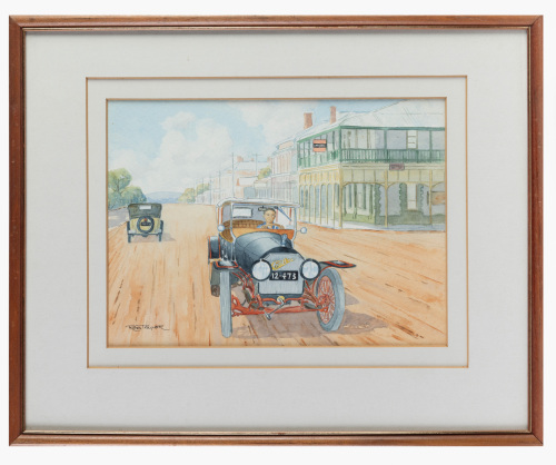 CADILLAC: An original watercolour featuring a c1915 Cadillac by artist Rob Taylor, 25cm high, 34cm wide (visible)