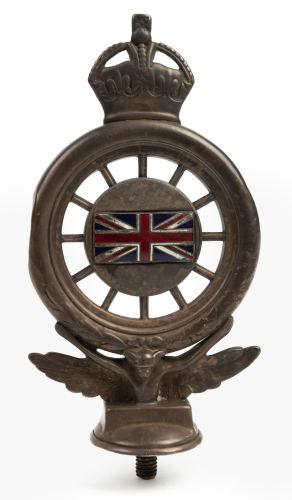RAC: A c1900s RAC (UK) brass members badge with enamel Union Jack to reverse, stamped 'B1631', crown finial, winged motif, 19cm high