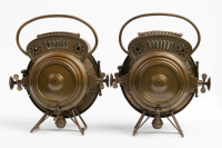 HEADLIGHTS: A pair of c1900s Hermann Riemann brass headlights, lined lens 16.5cm wide, overall height 29cm [Location: Melbourne] - 2