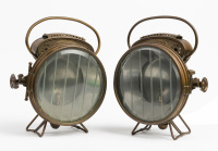 HEADLIGHTS: A pair of c1900s Hermann Riemann brass headlights, lined lens 16.5cm wide, overall height 29cm [Location: Melbourne] - 3