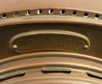 HEADLIGHTS: A pair of c1900s Hermann Riemann brass headlights, lined lens 16.5cm wide, overall height 29cm [Location: Melbourne] - 4