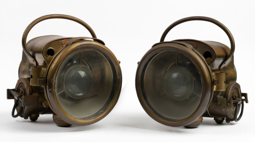 HEADLAMPS: A pair of B.R.C (Bleriot, Rey & Co) No.10 model brass headlamps, lens width 145cm, mounting bracket width 14cm