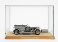 ROLLS-ROYCE: A metal, possibly kit form Rolls-Royce Silver Ghost model, 19cm long, in glass display case [Location: Melbourne]