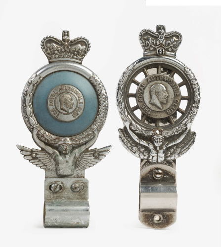 RAC: Two chrome RAC members badges, each with crown finial & winged motif, both 13cm high