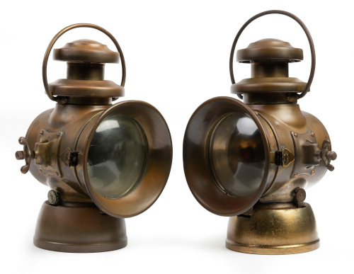 LUCAS: Two Lucas 'King of the Road' No.742 brass headlamps, convex lens width 12cm, height 34cm