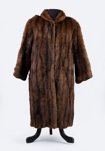 FUR COAT: A vintage brown faux fur coat, tag showing 'Jenner - Edinburgh', patterned inner lining, shawl collar, 110cm long