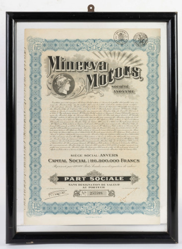 STOCK CERTIFICATE: A 'Minerva Motors' c1920s stock bond certificate, certificate 37cm high, 26cm wide, framed & glazed