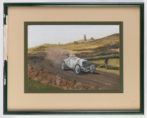 ERNEST MOSELING: An original oil on board painting depicting Christian Lautenshlager winning French Grand Prix of 1914 in a Mercedes at Lyon, image 28cm high, 40cm wide