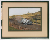 ERNEST MOSELING: An original oil on board painting depicting Christian Lautenshlager winning French Grand Prix of 1914 in a Mercedes at Lyon, image 28cm high, 40cm wide [Location: Melbourne]
