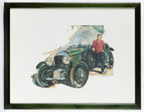 BENTLEY: A large print featuring a c1930s Bentley by artist Chuck Queener, limited edition (46/300), 50cm high, 65cm wide