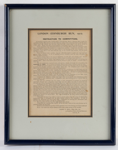 LONDON-EDINBURGH 1912: Two framed and glazed 1912 London-Edinburgh Run 'Instruction to Competitors' information sheets, the larger measuring 53cm high, 39cm wide, the smaller measuring 38cm high, 30cm wide [Location: Melbourne]