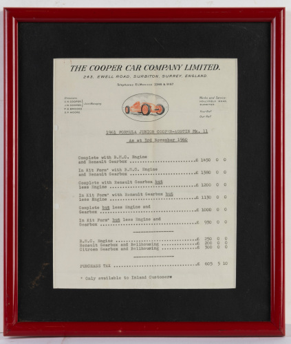 COOPER: A 1961 dated Cooper Car Company price list for the Formula Junior Cooper-Austin MkII as at 3rd November 1960, framed & glazed, 33cm high, 29cm wide overall