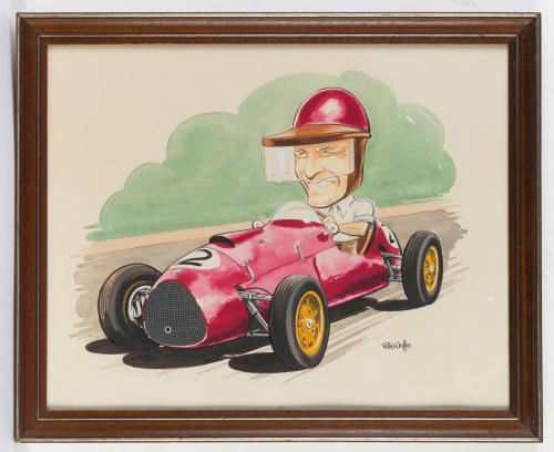 COOPER: An original caricature of Syd Negus driving Cooper Bristol by artist Rod Waller, framed & glazed, image 40cm high, 50cm wide
