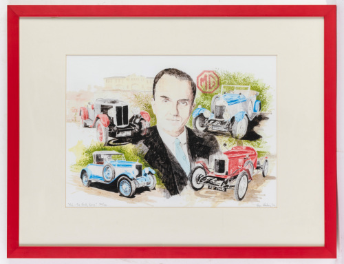 MG: A print featuring MG driving force Cecil Kimber and the MGs from when he ran the company, limited edition (220/251)30cm high, 42cm wide (visible)