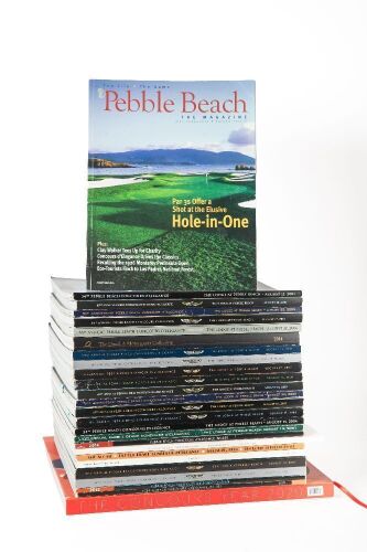PEBBLE BEACH: A tub of assorted Pebble Beach magazines and concours event books, also includes hardcover 2020 Concours yearbook and one 2014 Quail Lodge event book