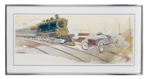 ERNEST MONTAUT: An Ernest Montaut print after the artwork 'La Coupe Vanderbilt', artwork 34cm high, 84cm wide
