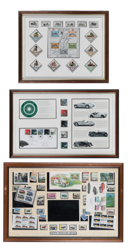BRITISH: Three framed & glazed stamp set collections all relating to British cars or racing