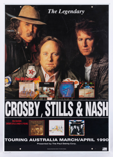 CROSBY STILLS & NASH: A signed poster for the 1990 Australian Crosby, Stills & Nash Tour, signed by each band member, 68cm high, 48cm high