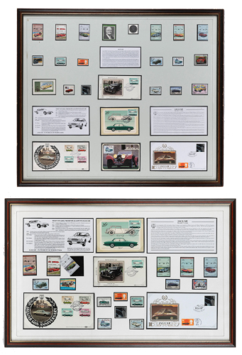 JAGUAR: Two framed & glazed Jaguar stamp & envelope sets, largest 70cm high, 81cm wide