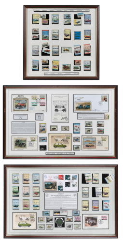 BRITISH: Three framed & glazed British make stamp & envelope sets, largest 46cm high, 73cm wide