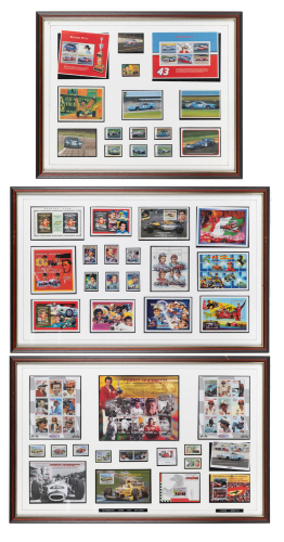 MOTORSPORT: Three framed & glazed motorsport stamp set collections, largest 47cm high, 72cm wide