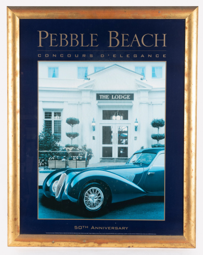 PEBBLE BEACH: A large promotional poster for the 50th Anniversary Pebble Beach Concours D'elegance, poster 82cm high, 62cm wide