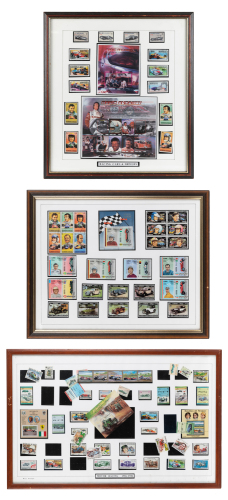 MOTORSPORT: Three framed & glazed motorsport stamp set collections, largest 47cm high, 73cm wide