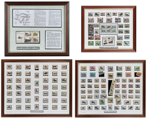 VINTAGE & VETERAN: Four framed vintage & veteran car stamp set collections, largest 56cm high, 69cm wide