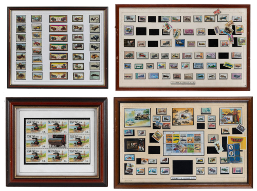 VINTAGE & VETERAN: Four framed vintage & veteran car stamp set collections, largest 47cm high, 73cm wide