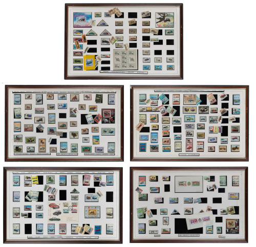 EUROPEAN: Five framed and glazed stamp set collections featuring cars from Europe