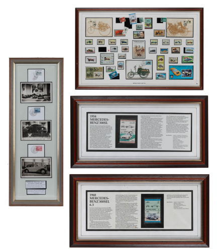 GERMAN: Four framed & glazed German stamp set collections and one 1939 Berlin Motor Show photo & stamp set, largest 47cm high, 73cm wide