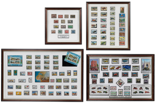 STAMP SETS: Four framed & glazed car stamp sets collections from all parts of the world, largest 47cm high, 73cm wide