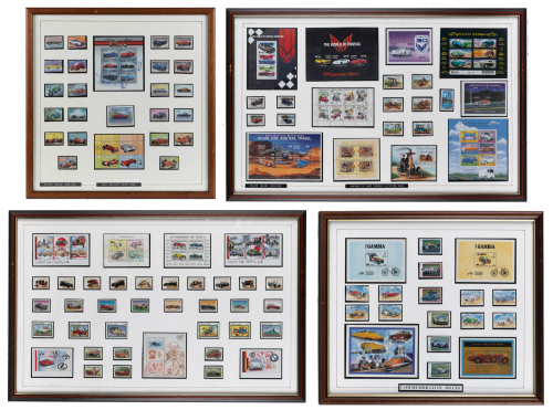 STAMP SETS: Four automotive framed & glazed stamp set collections