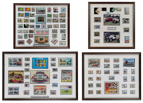 STAMP SETS: Four automotive framed & glazed stamp set collections